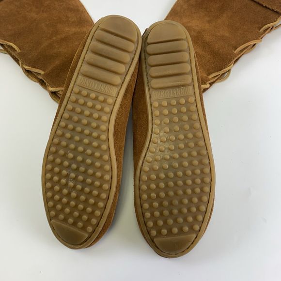 Minnetonka Tan Suede Front Lace Up Tall Boots Tan Fringe Removed 7422 Womens 7 - Picture 5 of 14